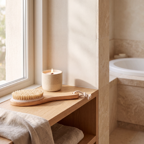 b.awake body brush styled with Basic bath and body products