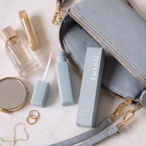 b.full lip gloss styled with Basic beauty essentials