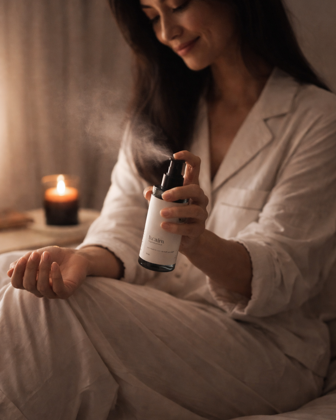 Woman in a calm, softly lit setting applying magnesium mist to her skin as part of a simple daily reset routine.