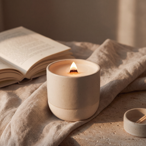 b.light Haven soy candle on natural background, hand-poured NZ