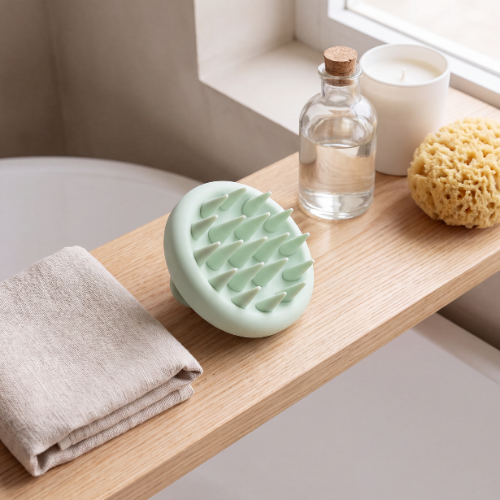 b.soft scalp brush styled with hair care essentials